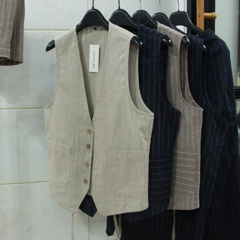 Men Formal Wear For Summer - เสื้อกั๊กผ้าลินินสไตล์ลำลองแบบอังกฤษสำหรับผู้ชาย ทรงเข้ารูป ชุดสูทธุรกิจ เสื้อกั๊กแบบมืออาชีพ ผ้าฝ้ายผสมลินิน แขนกุด
