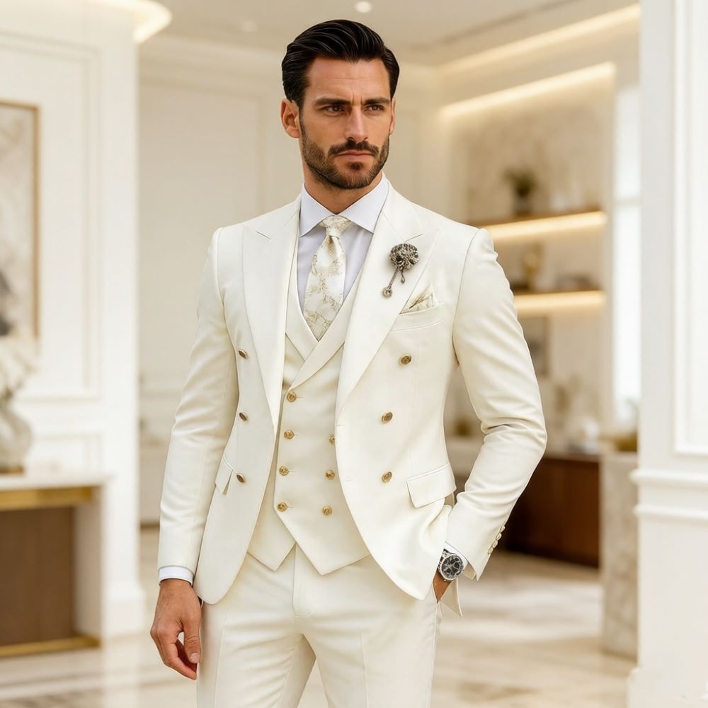 Men Formal Wear Modern - ชุดสูทแต่งงานสีงาช้างสำหรับผู้ชาย ทรงเข้ารูป 3 ชิ้น แบบกระดุมสองแถว ทักซิโด้