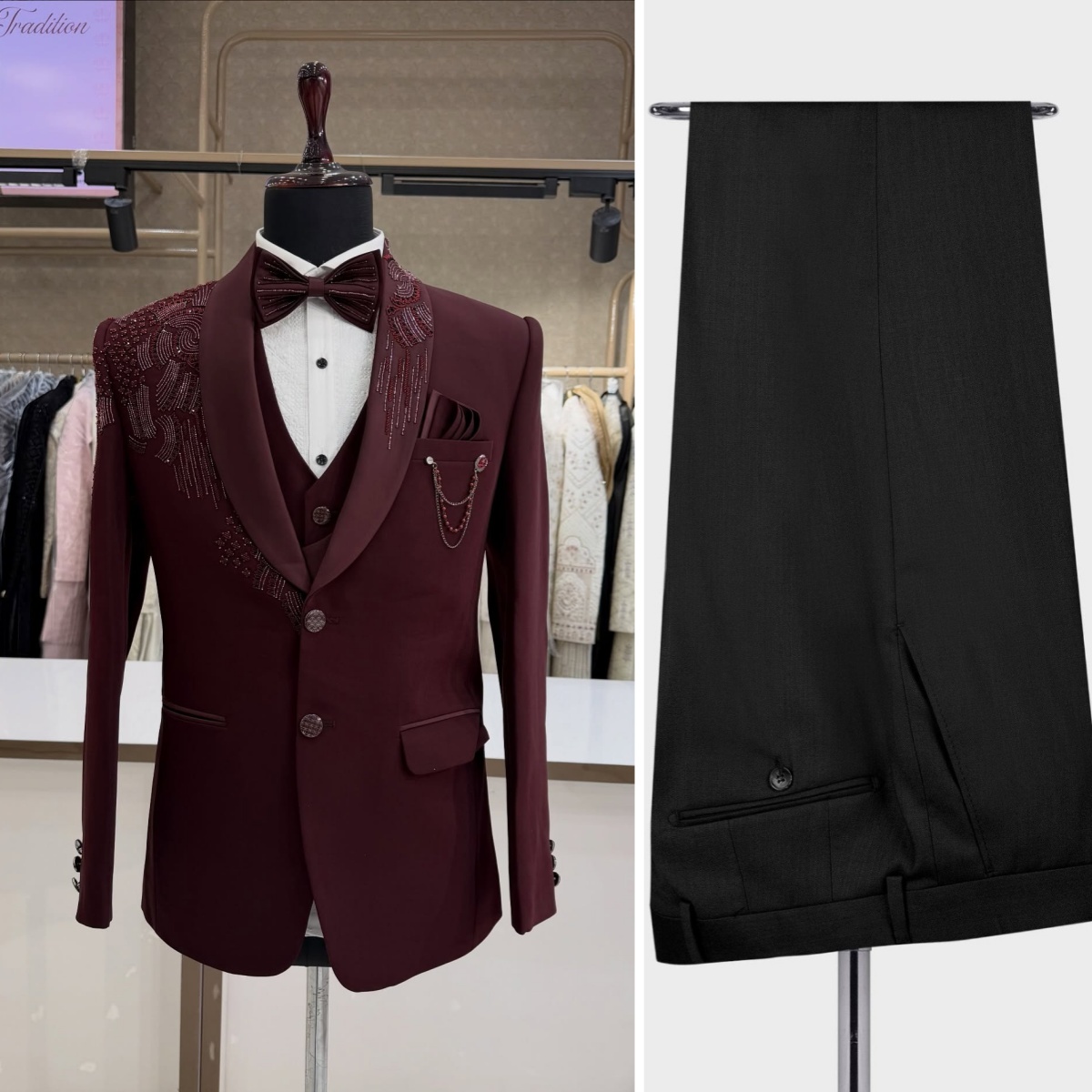 Men Formal Wear Modern - ชุดทักซิโด้เจ้าบ่าว 3 ชิ้น ประดับคริสตัล ชุดสูททางการสำหรับผู้ชาย สีแดง