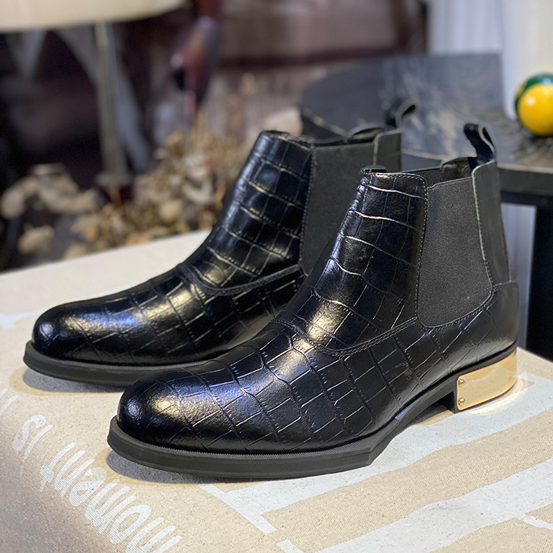 Men'S Formal Style - รองเท้าบูทเชลซีผู้ชายสไตล์อังกฤษ สีดำ ลายหนังจระเข้ พร้อมแผงด้านข้างยืดหยุ่น ส้นโลหะทรงบล็อก สำหรับงานเลี้ยงหรืองานทางการ