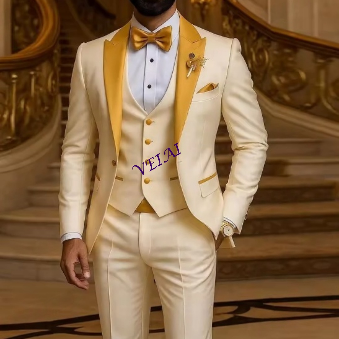 Men'S Used Formal Wear - ชุดสูทผู้ชายสีงาช้างแบบสั่งตัดพิเศษ คอสีทอง สำหรับงานแต่งงาน งานเลี้ยง งานพิธีการ ชุดเจ้าบ่าว