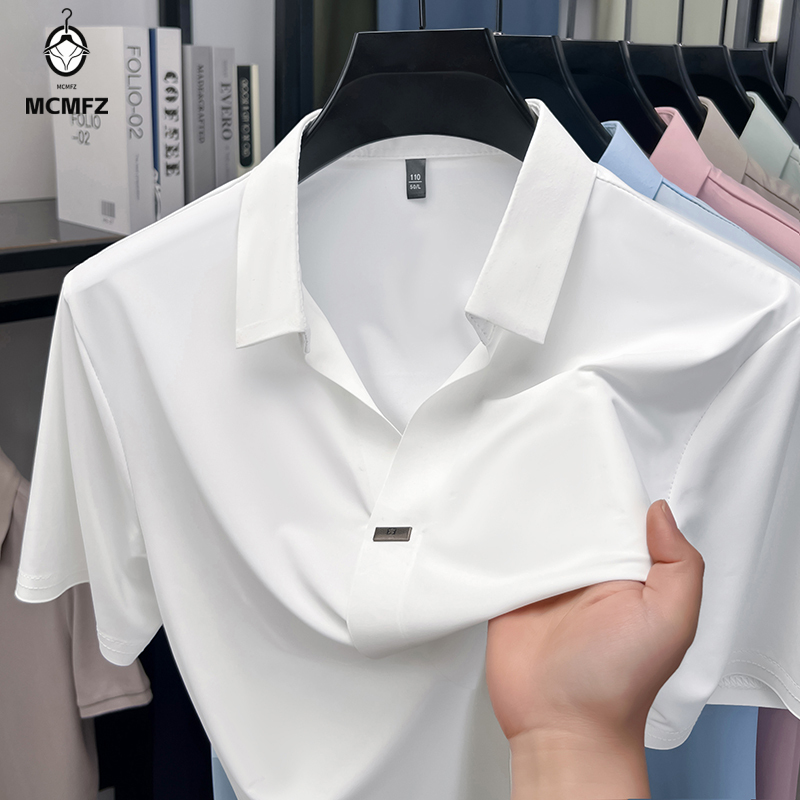 Men Formal Wear For Summer - เสื้อเชิ้ตผู้ชายปกเรียบแบบซ่อนกระดุม ดีไซน์เรียบง่าย แต่งโลหะเดี่ยว ยืดหยุ่น ระบายอากาศ ป้องกันรอยยับ