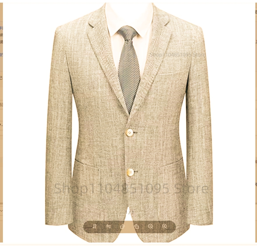 Men Formal Wear For Summer - เสื้อสูทผู้ชายทรงเข้ารูป ผ้าลินิน สีเบจ/น้ำเงิน กระดุมสองเม็ด สไตล์ลำลองสำหรับธุรกิจ เหมาะสำหรับฤดูใบไม้ผลิและฤดูร้อน