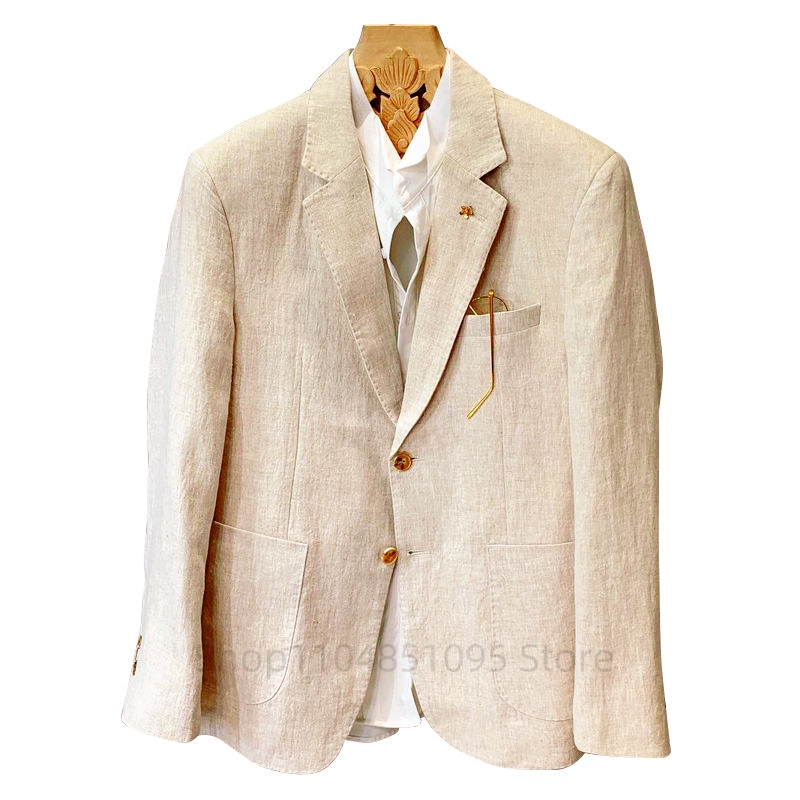 Men Formal Wear For Summer - สูทผู้ชายสีเบจ ผ้าลินิน เสื้อเบลเซอร์ แจ็คเก็ต สูทลำลองสำหรับธุรกิจ เสื้อโค้ทดีไซเนอร์