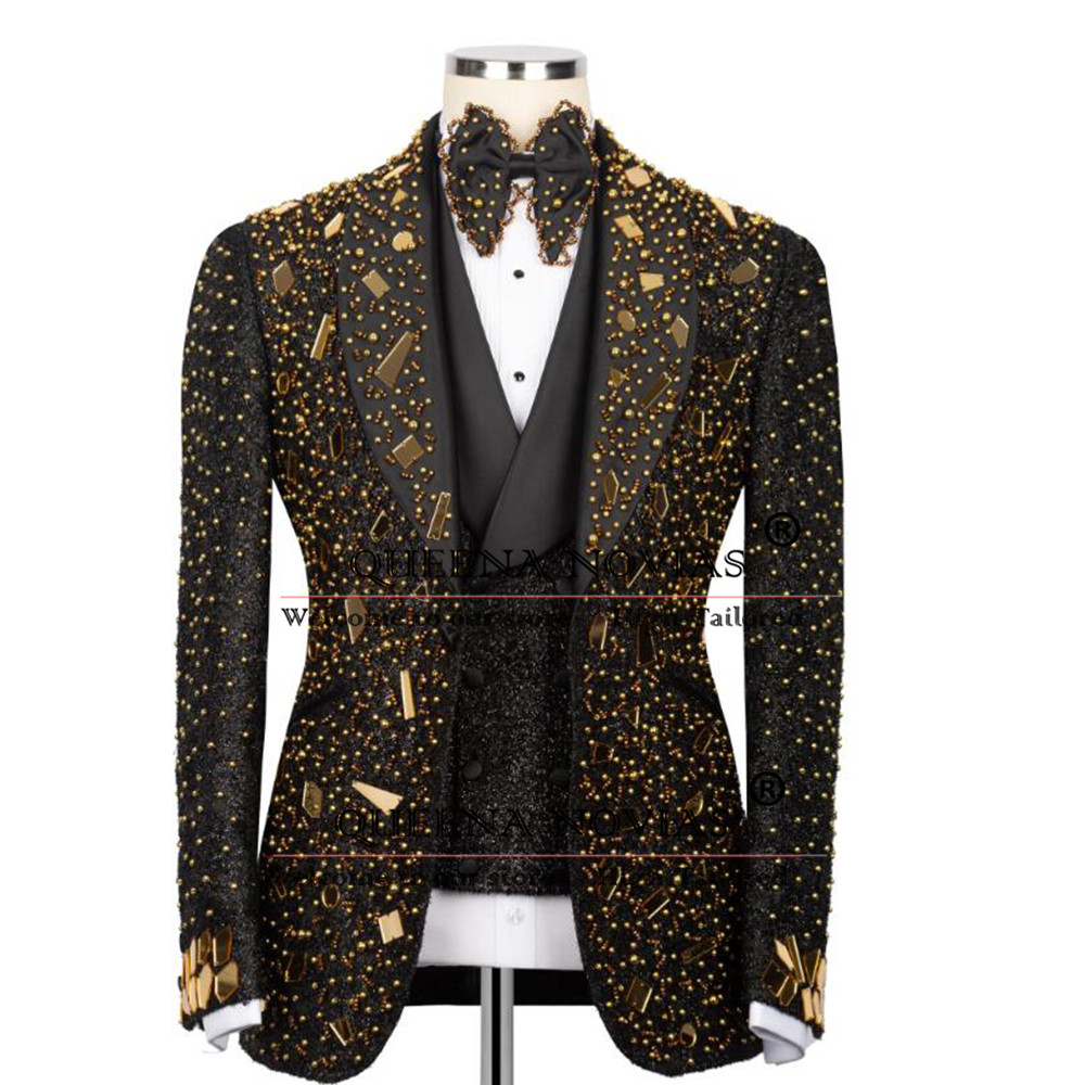Men'S Formal Wear For Reception - ชุดสูทผู้ชายประดับคริสตัลวิบวับสำหรับงานแต่งงาน แบบสั่งตัด 3 ชิ้น กระดุมแถวเดียว แจ็คเก็ตสำหรับงานพรอม