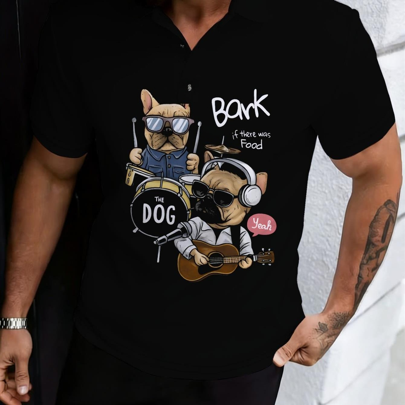Men Formal Wear For Summer - เสื้อโปโลลำลองผู้ชาย สีดำ พิมพ์ลายวงดนตรีเฟรนช์ บูลโลก สำหรับฤดูร้อน ใส่ได้ทุกวัน