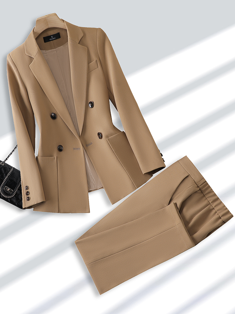 Men Formal Wear For Summer - ชุดสูททำงานแฟชั่นสำหรับผู้หญิงชุด2ชิ้นพร้อมกระเป๋าชุดสูททำงานธุรกิจสำนักงานและกางเกงสีเบจสีดำสีกากี