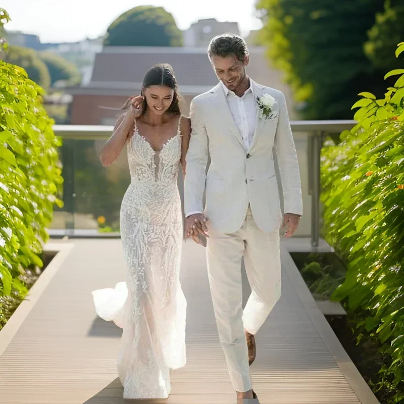 Men Formal Wear For Summer - ผ้าลินินงานแต่งงาน Tuxedo สําหรับชายฤดูร้อนชายหาดอย่างเป็นทางการชุด 2 ชิ้น SLIM