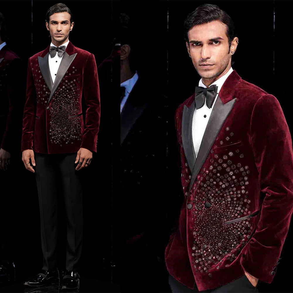 Men Formal Wear Modern - ชุดสูทแต่งงานดีไซน์ใหม่สำหรับผู้ชาย 2 ชิ้น เสื้อเบลเซอร์ กางเกงขายาวผ้ากำมะหยี่ กระดุมสองเม็ด