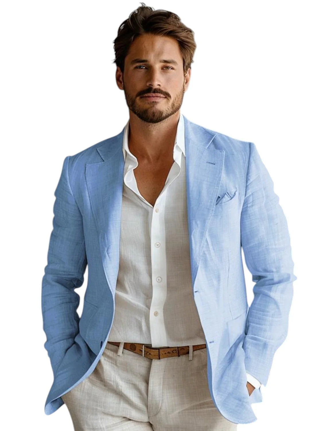 Men Formal Wear For Summer - เสื้อเบลเซอร์ผ้าลินินสีน้ำเงินทรงเข้ารูปสำหรับผู้ชาย สไตล์ลำลอง เหมาะสำหรับงานปาร์ตี้ งานพรอม เสื้อโค้ทดีไซน์เนอร์ สำหรับฤดูใบไม้ผลิและฤดูร้อน