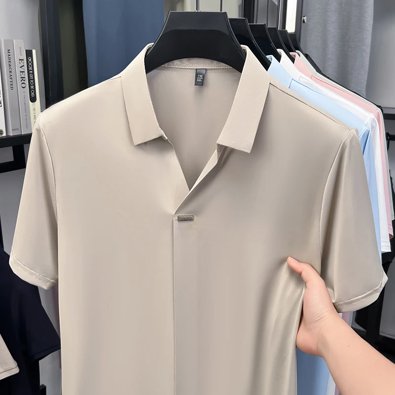 Men'S Polo Formal Wear - เสื้อเชิ้ตแขนสั้นสำหรับผู้ชาย ทรงสุภาพ ปกแบบ Flat Notch กระดุมโลหะซ่อน