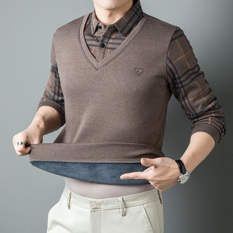 Men'S Polo Formal Wear - เสื้อโปโลผู้ชายแบบสองชิ้นปลอม แต่งผ้าฟลีซ อุ่นสบายสำหรับฤดูหนาว สไตล์ลำลอง ธุรกิจ แขนยาว