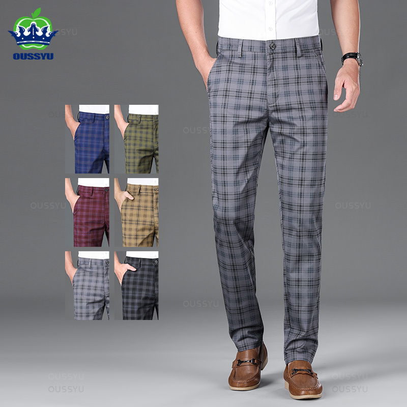 Men'S Formal Style - Oussyu กางเกงขายาวกางเกงขายาวลายสก็อตผู้ชาย, ผ้าฝ้ายลำลองธุรกิจคลาสสิกกางเกงขายาวเป็นทางการยาว30-38