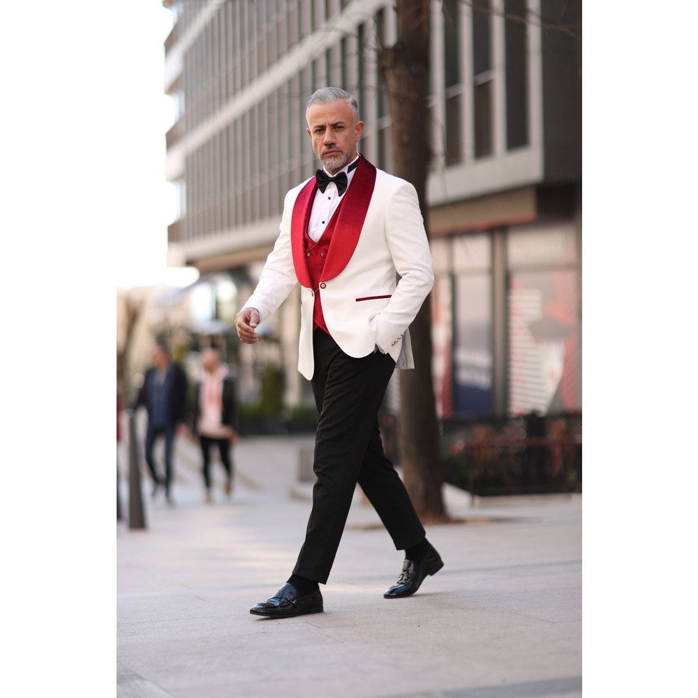 สีแดงสีขาวผู้ชาย Tuxedos กํามะ - Men Formal Wear Modern บทวิจารณ์และราคา