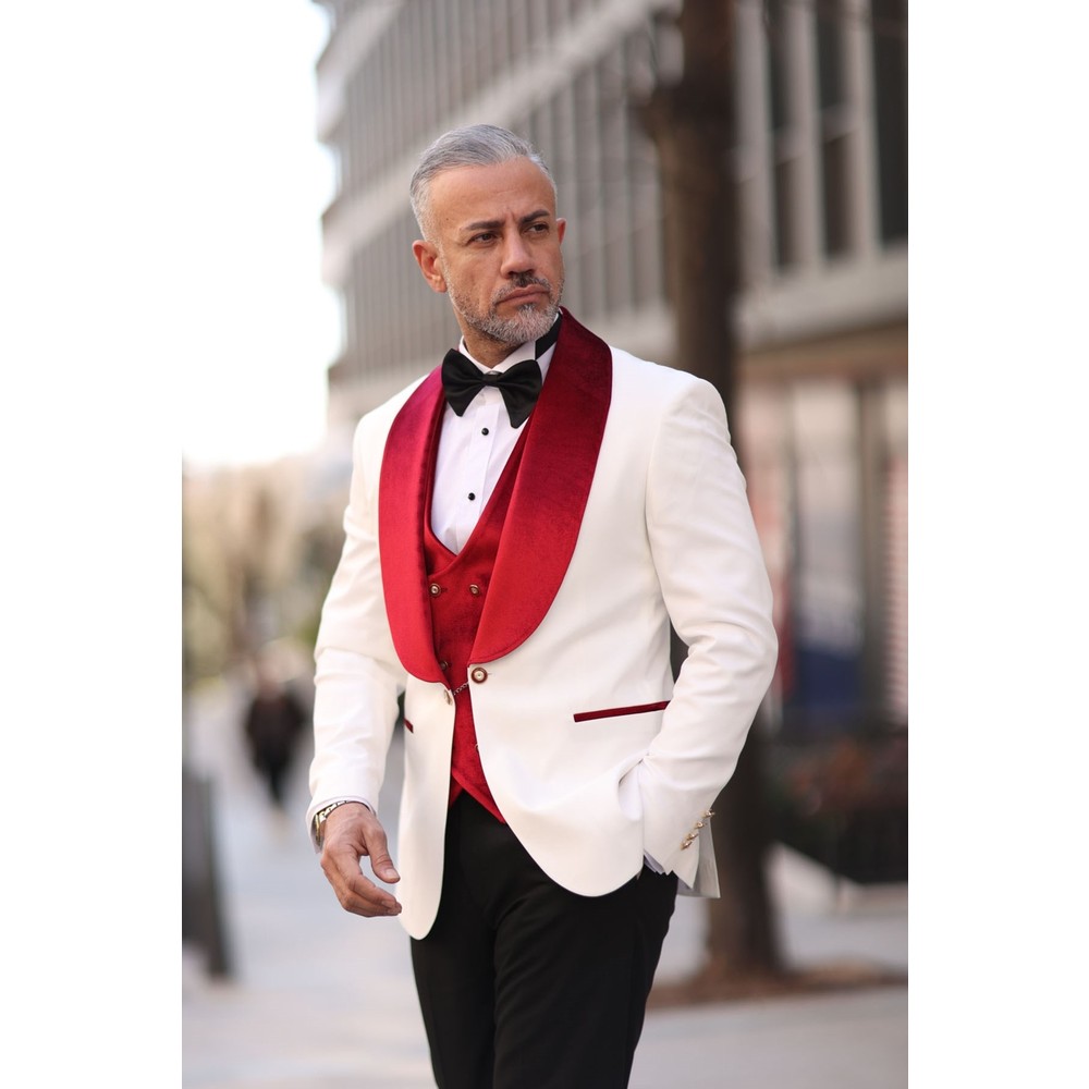 สีแดงสีขาวผู้ชาย Tuxedos กํามะ - Men Formal Wear Modern บทวิจารณ์และราคา