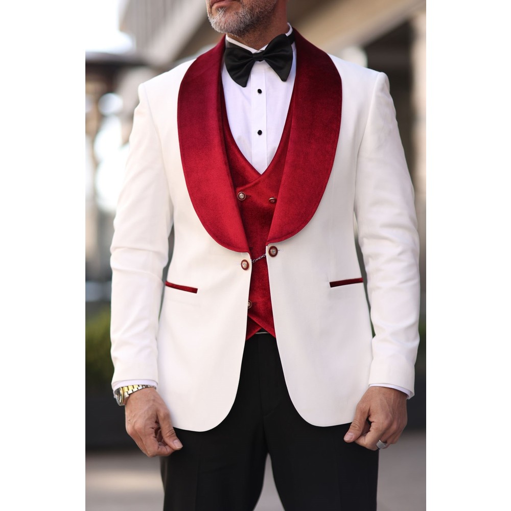 สีแดงสีขาวผู้ชาย Tuxedos กํามะ - Men Formal Wear Modern บทวิจารณ์และราคา